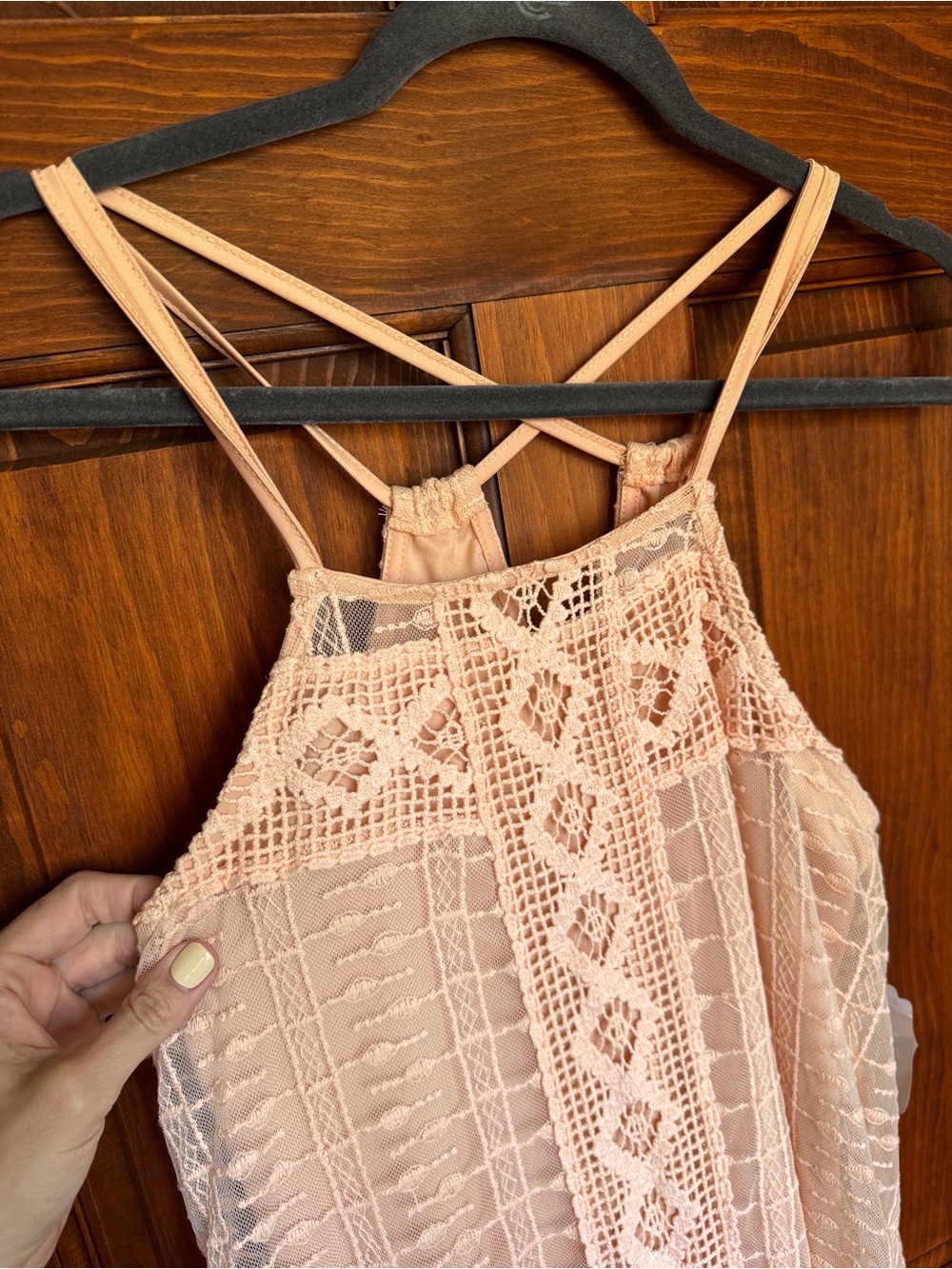 200. Light Peach colored Flowy boho crochet Dress - Picture 5 of 12